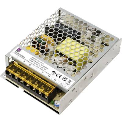 'Metallisches Schaltnetzteil mit honigwabenförmiger Lüftung und elektrischen Komponenten im Inneren, Fokus auf vorderseitige Anschlüsse und Spezifikationen.'