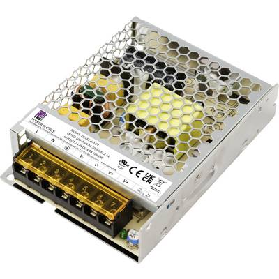 Ein silbernfarbiges Schaltnetzteil mit Wabenstruktur-Abdeckung und gelbem Klemmenblock, verschiedene Elektronikteile sichtbar.