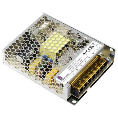 Ein Metallgehäuse-Netzteil mit Lüftungsgittern. Es zeigt Spezifikationen und Sicherheitssymbole, geeignet für elektronische Geräte.