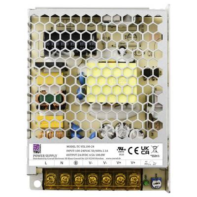 Stromversorgungseinheit mit Wabengitterabdeckung. Etikett zeigt Modell: TC-VEL100-24, Eingangs-/Ausgangsspannung und Sicherheitszeichen.