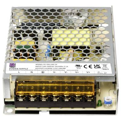 Stromversorgungseinheit mit Metallgitterabdeckung, Aufschrift 'Power Supply'. Zeigt elektrische Anschlüsse und technische Spezifikationen.
