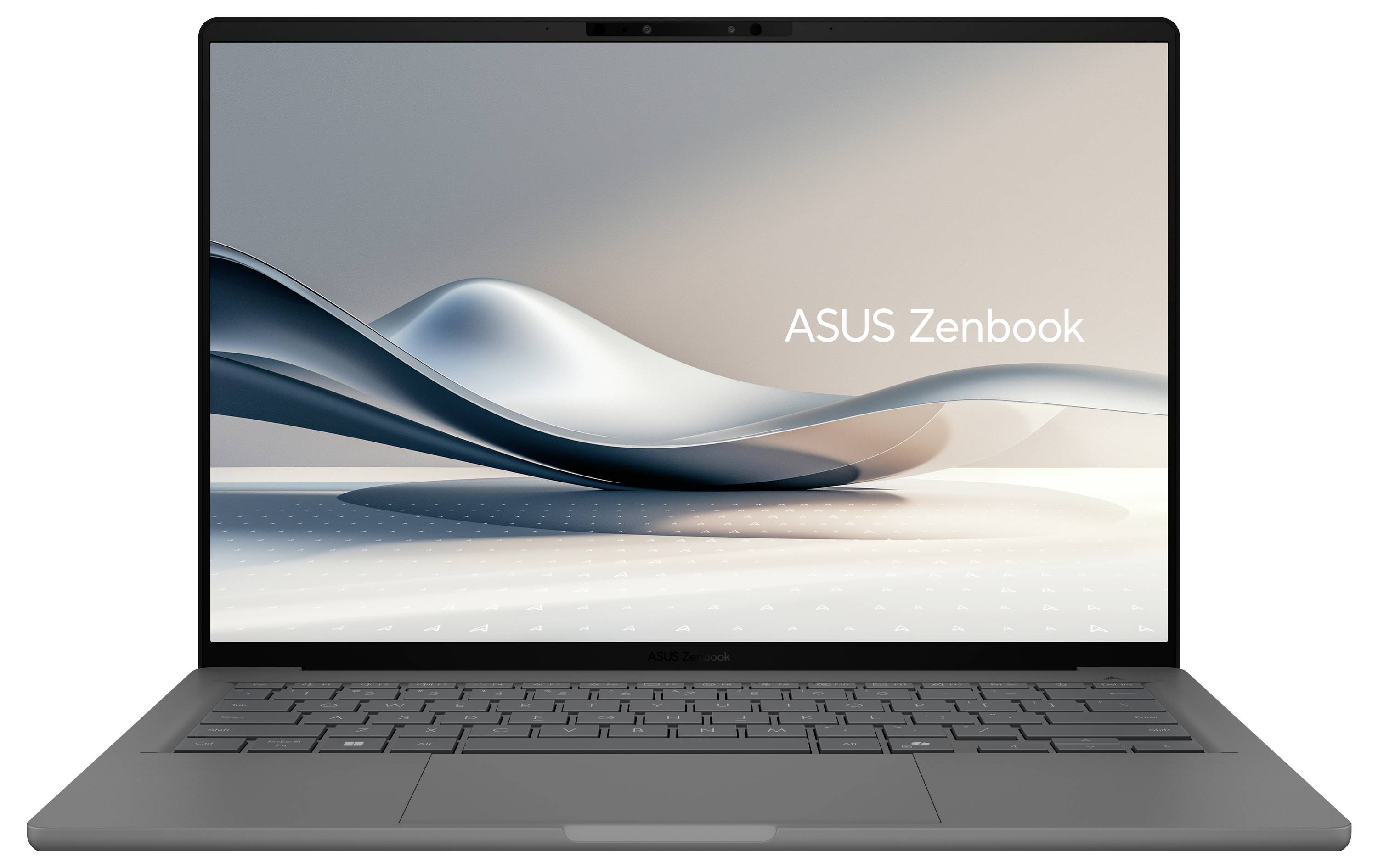 Ein Laptop der Marke Asus Zenbook, geöffnet und von vorne gezeigt. Der Bildschirm zeigt ein abstraktes Design mit dem Text 'ASUS Zenbook'.
