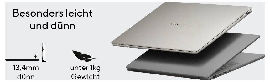 'Besonders leicht und dünn'. Geöffneter Laptop gezeigt. Links eine Grafik mit den Angaben: 13,4 mm dünn, unter 1 kg Gewicht.