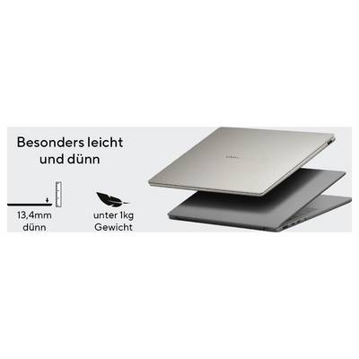 'Besonders leicht und dünn'. Geöffneter Laptop gezeigt. Links eine Grafik mit den Angaben: 13,4 mm dünn, unter 1 kg Gewicht.
