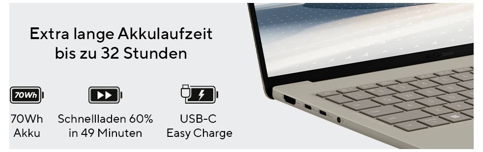 'Extra lange Akkulaufzeit bis zu 32 Stunden. 70Wh Akku, Schnellladen 60% in 49 Minuten, USB-C Easy Charge' neben Laptopabbildung.