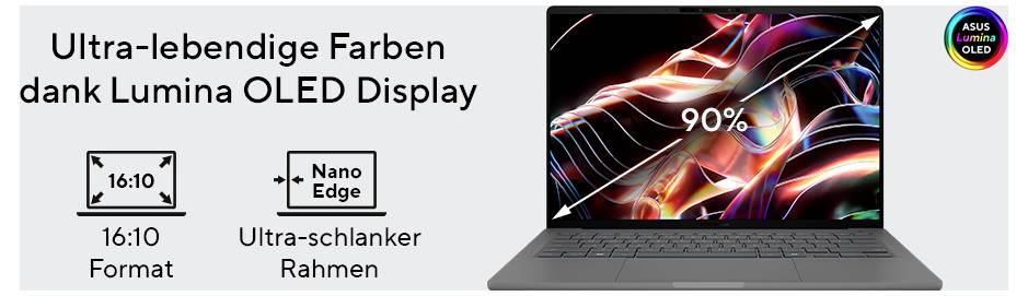 Ein Laptop mit leuchtendem Display. Text: 'Ultra-lebendige Farben dank Lumina OLED Display', 90% Bildschirm-zu-Gehäuse-Verhältnis.