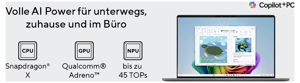 Ein Laptop mit einem Kunstprogramm auf dem Bildschirm. Text: 'Volle AI Power für unterwegs, zuhause und im Büro'. Komponenten: CPU, GPU, NPU.