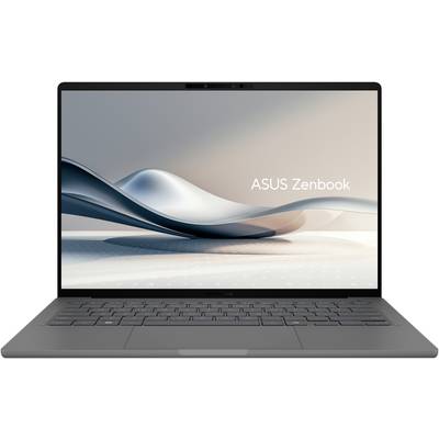 Ein Asus Zenbook Laptop mit einem eleganten Design und einem wellenförmigen Hintergrund auf dem Bildschirm.
