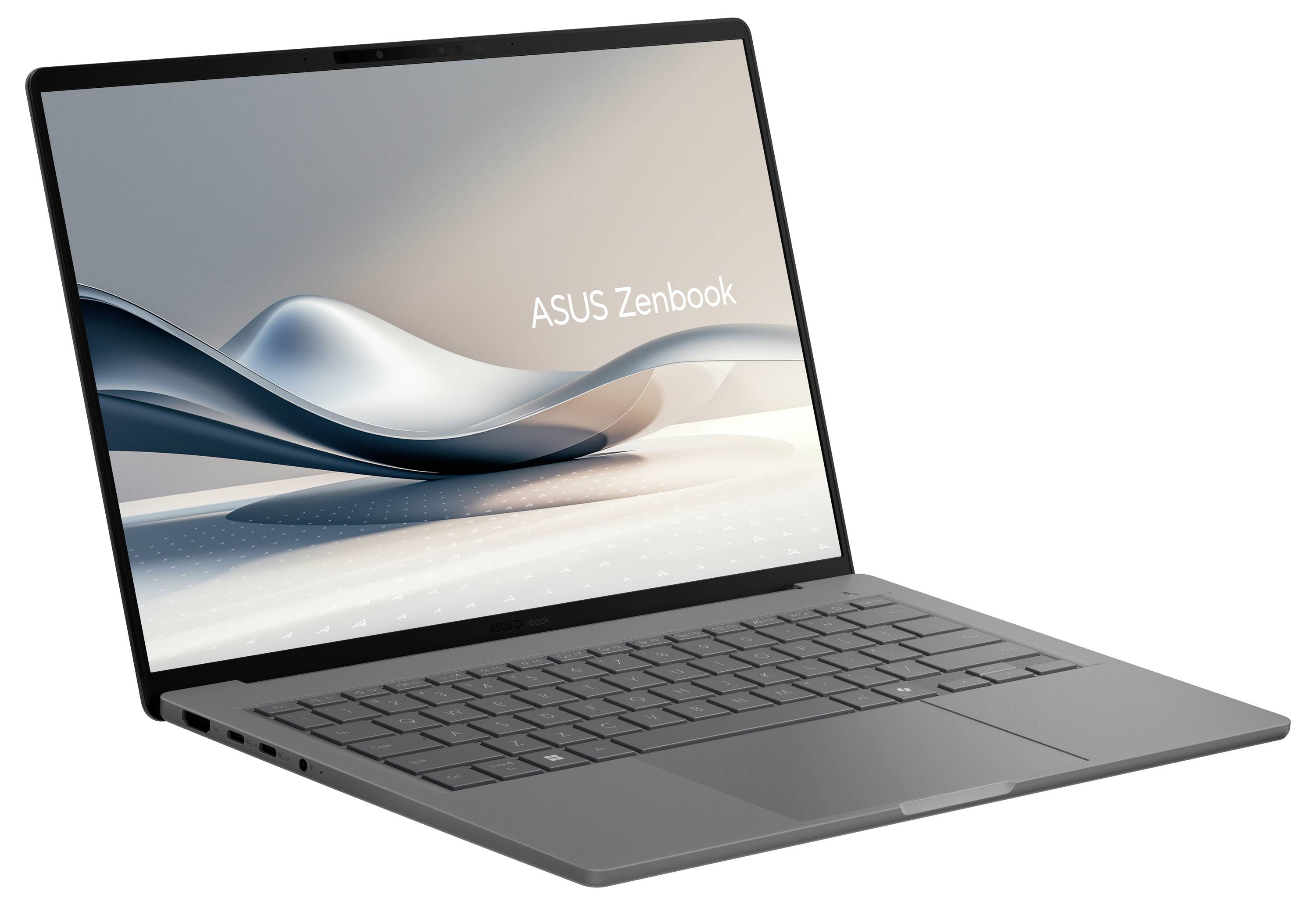 Laptop der Marke ASUS Zenbook, geöffnet, auf weißem Hintergrund. Der Bildschirm zeigt eine abstrakte blaue und weiße Wellenform.