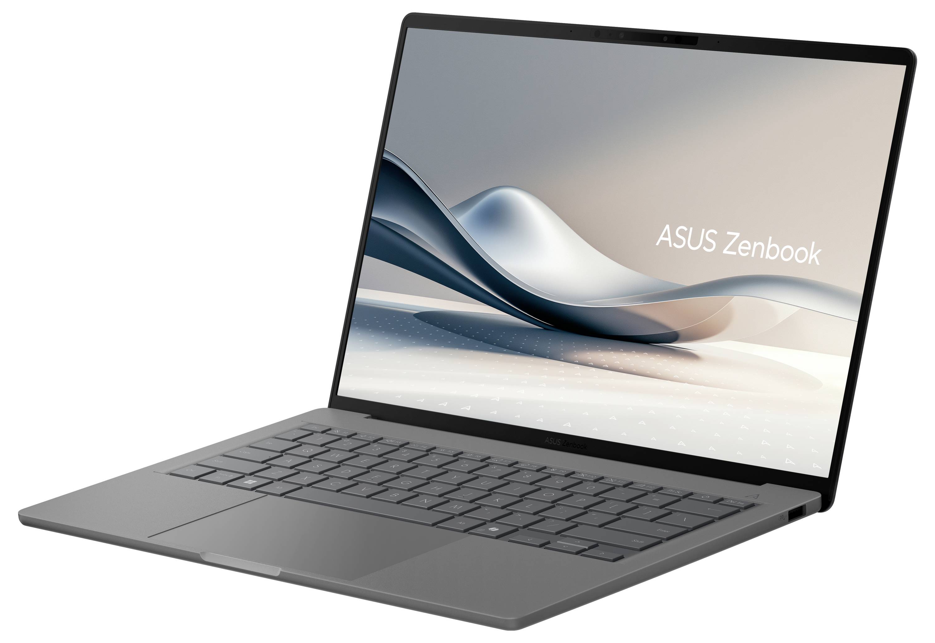 Ein ASUS Zenbook Laptop mit geöffnetem Bildschirm, der modern und schlank wirkt. Im Hintergrund ist eine abstrakte Grafik dargestellt.