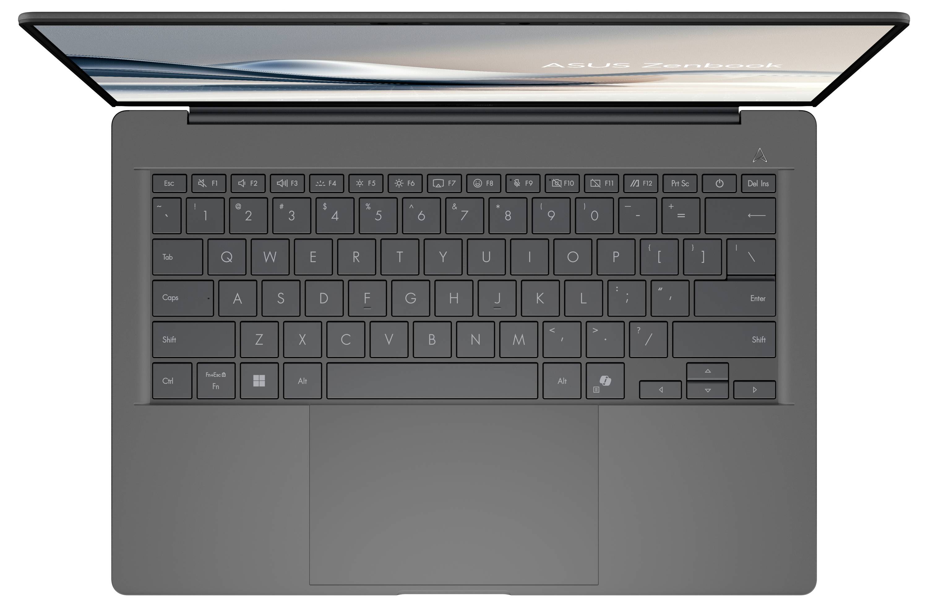 Laptop von oben mit schwarzer Tastatur und Trackpad, geöffneter Bildschirm zeigt partiellen Startbildschirm.