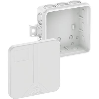 Ein leeres, quadratisches Kunststoffgehäuse mit abnehmbarem Deckel und mehreren Kabeldurchführungen, geeignet für Elektroinstallationen.