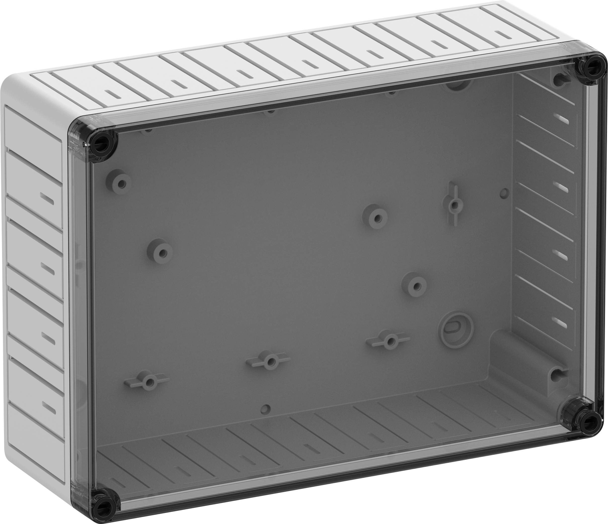 Rechteckiges, transparentes Kunststoffgehäuse mit abnehmbarem Deckel, geeignet für elektronische Bauteile.