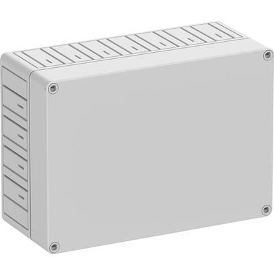 Ein rechteckiges graues Gehäuse mit Schraubverschlüssen an den Ecken, geeignet für technische Installationen oder Verkabelungen.