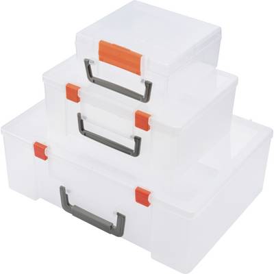 Drei durchsichtige Kunststoffboxes in verschiedenen Größen, gestapelt. Jede Box hat einen grauen Griff und orangene Verschlüsse.