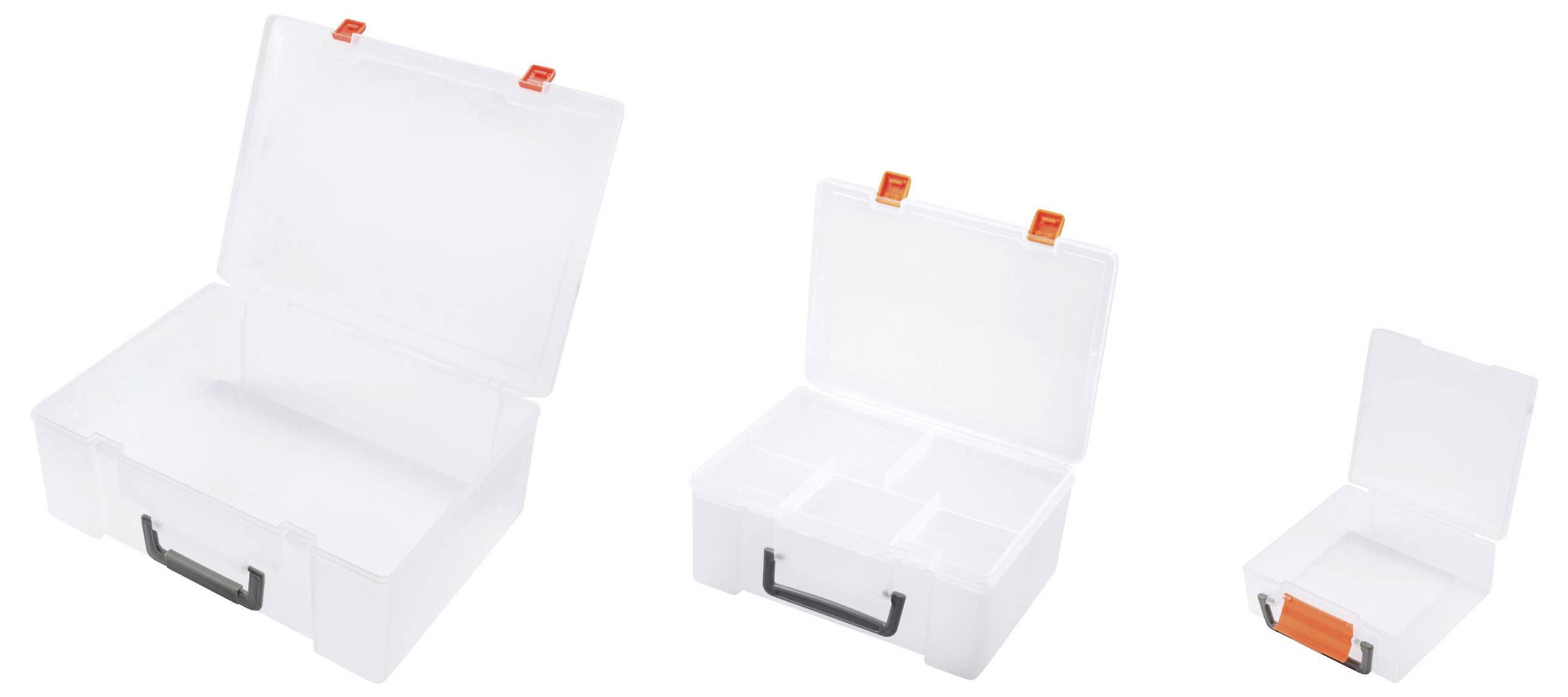 Drei leere, transparente Kunststoffboxen in verschiedenen Größen. Jede Box hat einen schwarzen Griff und orangefarbene Verschlüsse.