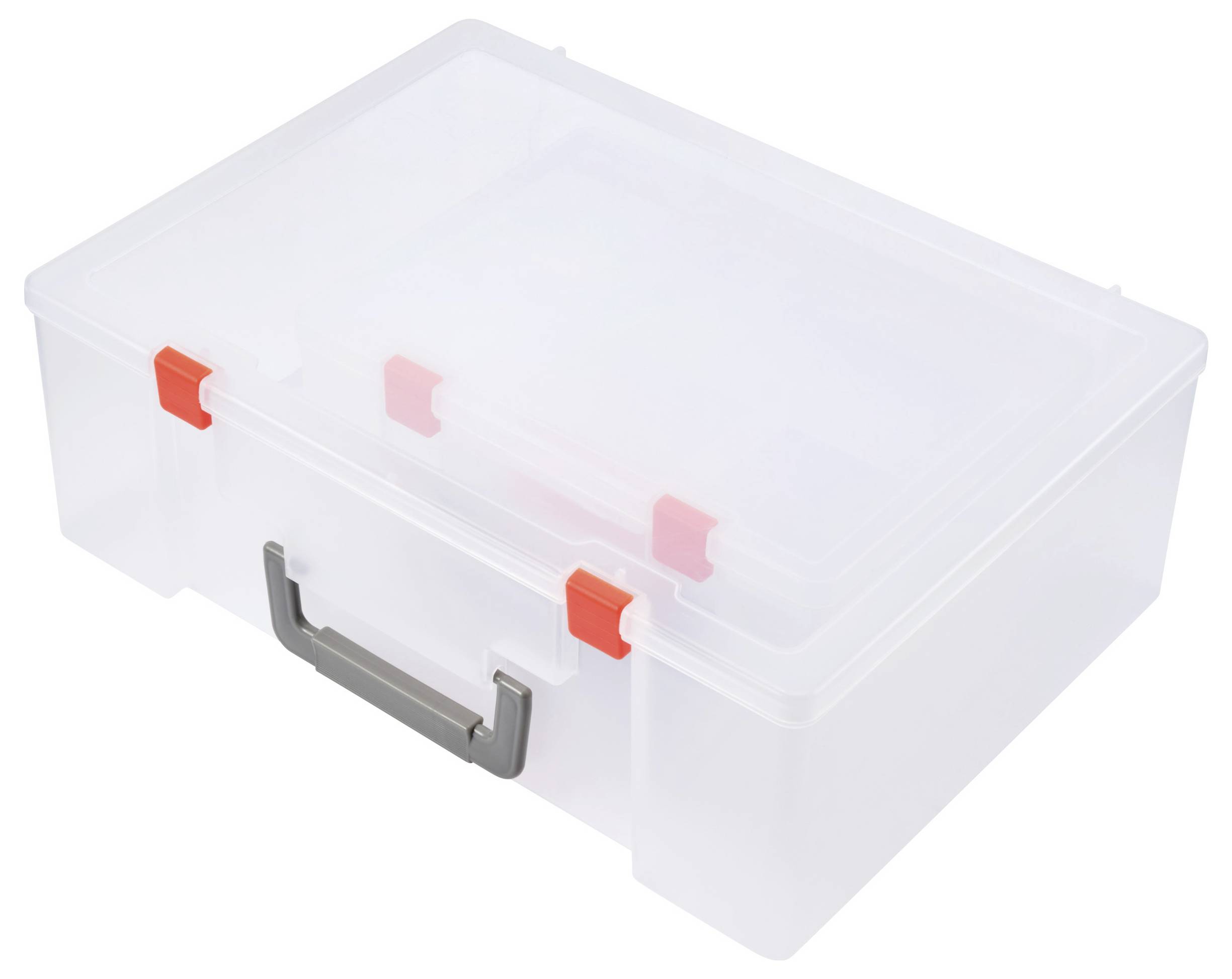 Transparente, rechteckige Kunststoffbox mit grauem Griff und roten Verschlüssen, geeignet zur Aufbewahrung von Gegenständen.