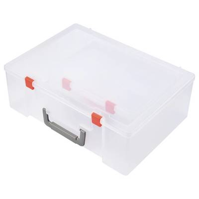 Transparente, rechteckige Kunststoffbox mit grauem Griff und roten Verschlüssen, geeignet zur Aufbewahrung von Gegenständen.