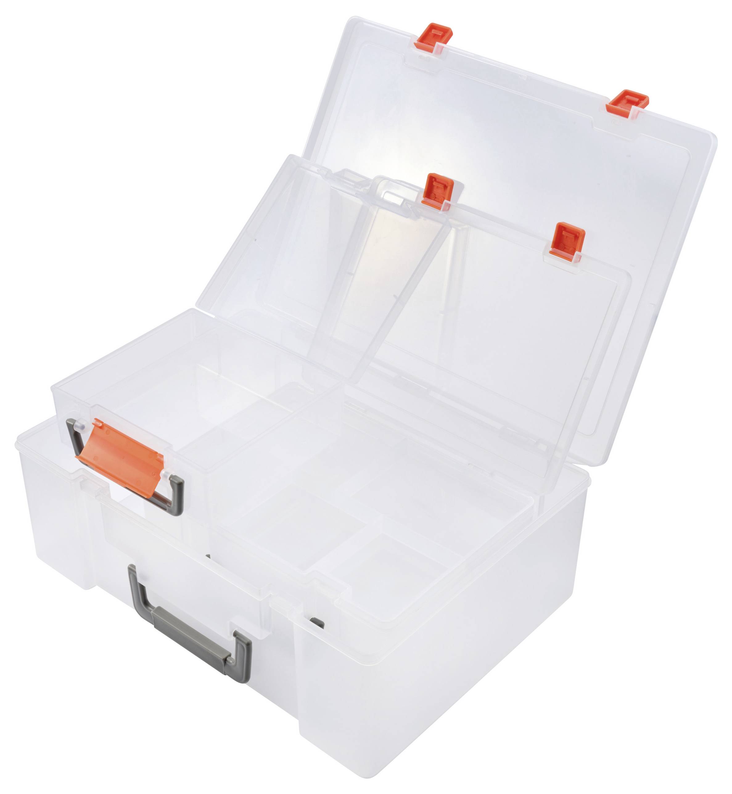 Transparente, leere Kunststoff-Aufbewahrungsbox mit Klappdeckel und orangefarbenen Verschlüssen, geeignet zur Organisation von Kleinteilen.