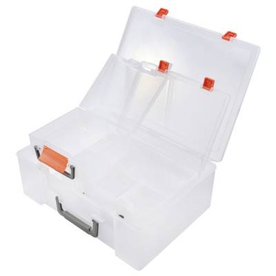 Transparente, leere Kunststoff-Aufbewahrungsbox mit Klappdeckel und orangefarbenen Verschlüssen, geeignet zur Organisation von Kleinteilen.