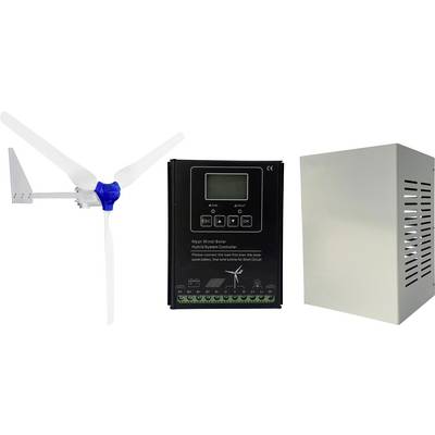 Windturbine, Solarladeregler und Gehäuse zur Erzeugung und Steuerung erneuerbarer Energie, nebeneinander abgebildet.