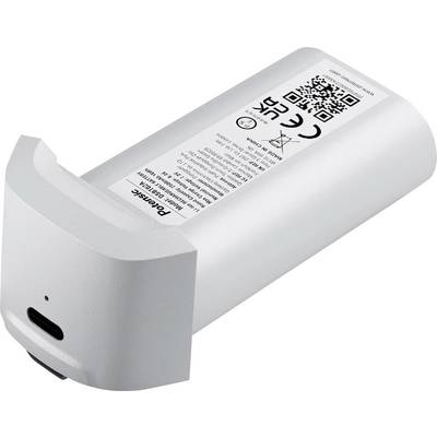 Ein weißer, zylindrischer Akku mit CE- und UKCA-Kennzeichnung, QR-Code und einem USB-C-Anschluss an der Unterseite.