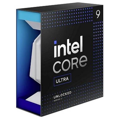 Verpackung eines Intel Core Ultra Prozessors der 9. Generation, Serie 2, mit der Aufschrift 'UNLOCKED'. Schwarzer Hintergrund mit blauem Muster.