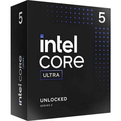 Schwarze Verpackung eines Intel Core Ultra, Serie 2, mit der Aufschrift 'UNLOCKED', Zahl 5 oben links.
