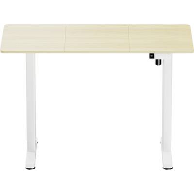 Ein höhenverstellbarer Tisch mit heller Holzplatte und weißen Metallbeinen. Ideal für ergonomisches Arbeiten im Büro oder Zuhause.