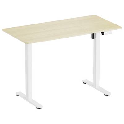 Ein höhenverstellbarer Schreibtisch mit hellem Holzfußboden und weißen Metallbeinen. Der Tisch hat ein Bedienfeld an der Seite.