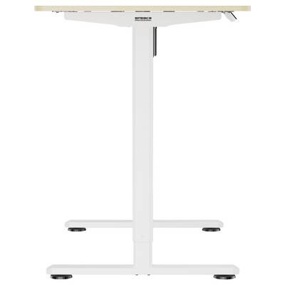 Ein höhenverstellbarer Schreibtisch mit weißem Gestell und heller Tischplatte; geeignet für ergonomisches Arbeiten im Stehen.