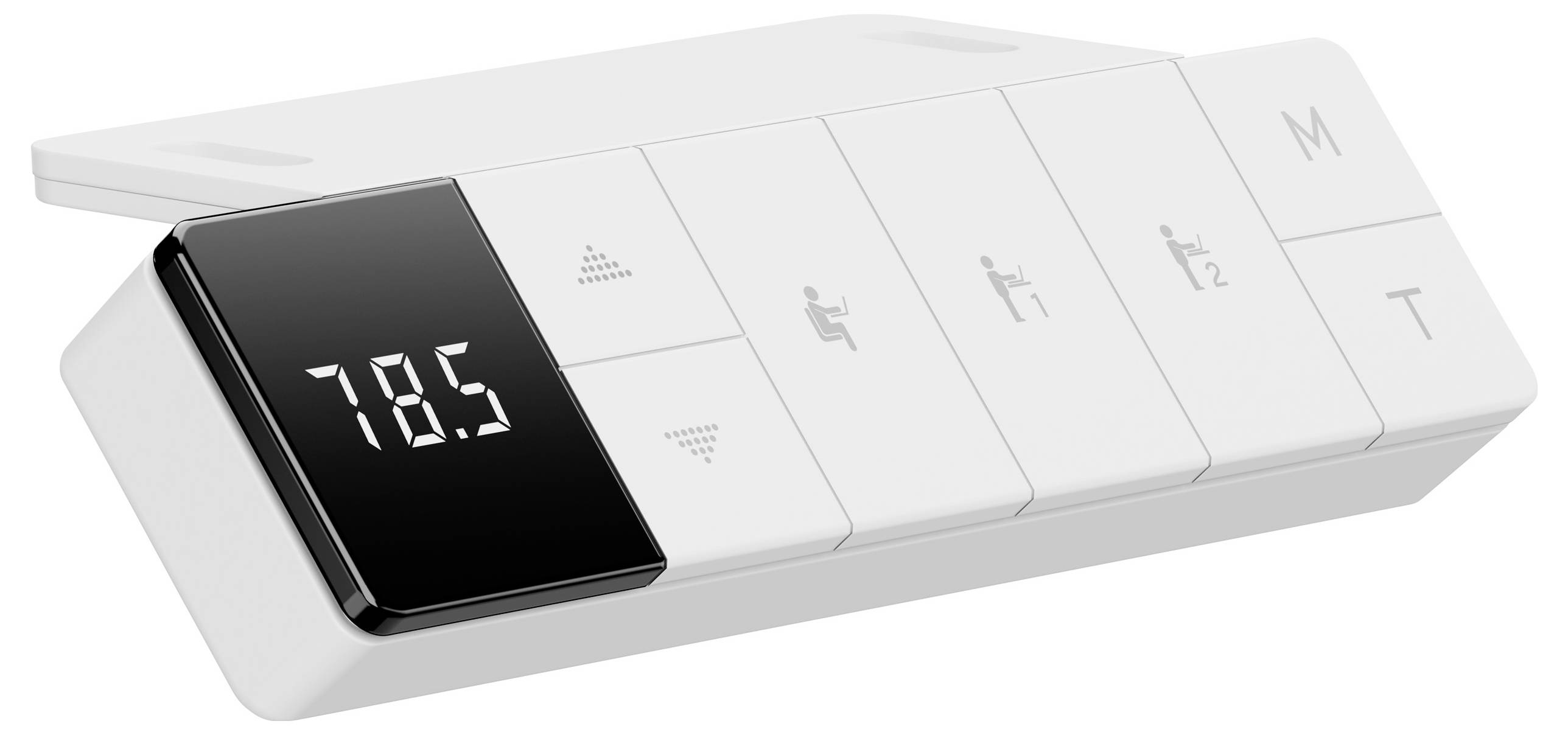 Ein digitales Bedienfeld für eine Massageeinheit mit Anzeige '78.5'. Es zeigt Symbole für Sitzposition, Timer und Massageintensität.