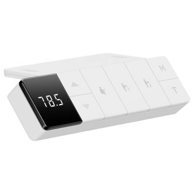 Ein digitales Bedienfeld für eine Massageeinheit mit Anzeige '78.5'. Es zeigt Symbole für Sitzposition, Timer und Massageintensität.