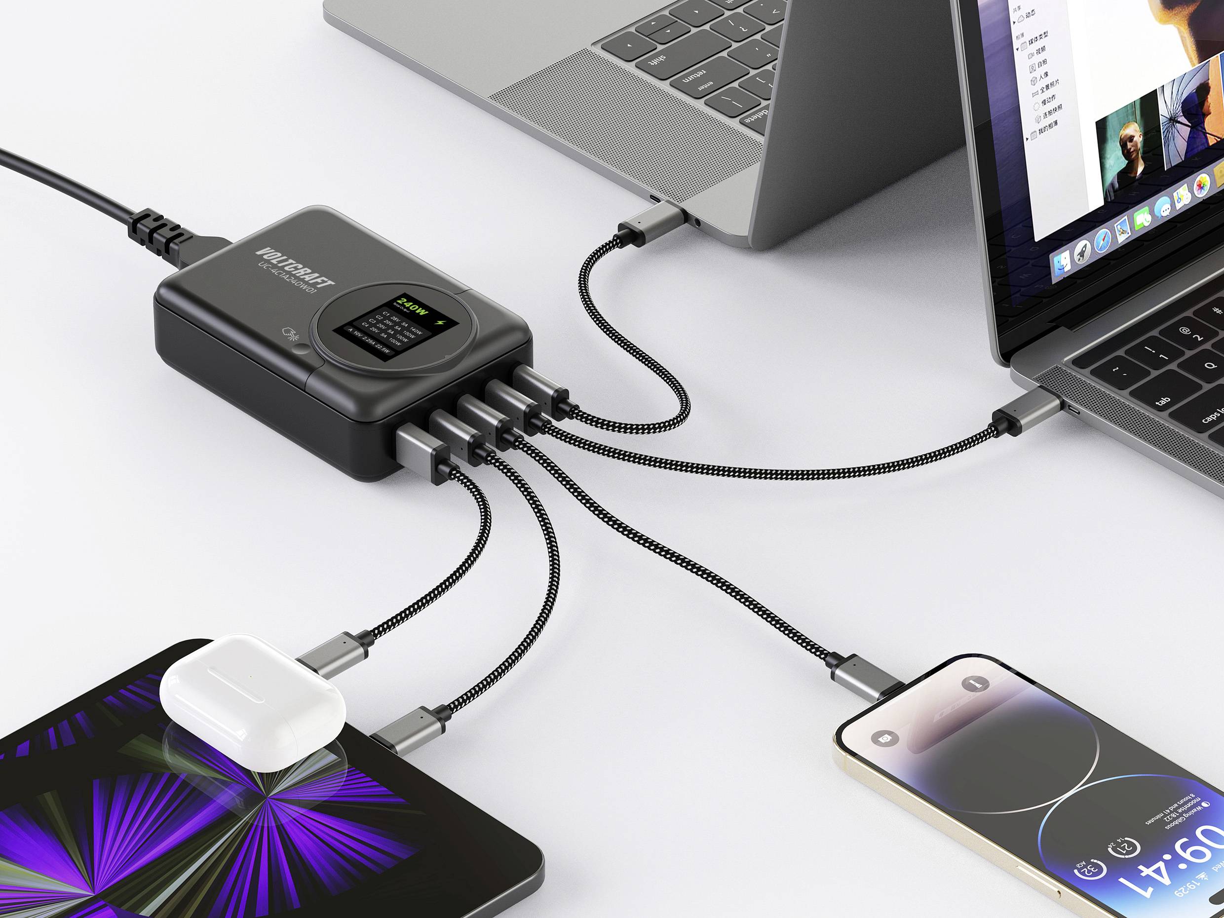 VOLTCRAFT UC-4C1A240W01 USB Ladegerät 240 W 4x USB-C®, 1x USB-A USB PD 3.0 Schwarz GaN, USB Power Delivery (USB-PD), Sch-10