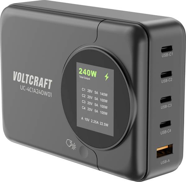 VOLTCRAFT UC-4C1A240W01 USB Ladegerät 240 W 4x USB-C®, 1x USB-A USB PD 3.0 Schwarz GaN, USB Power Delivery (USB-PD), Schnellladegerät