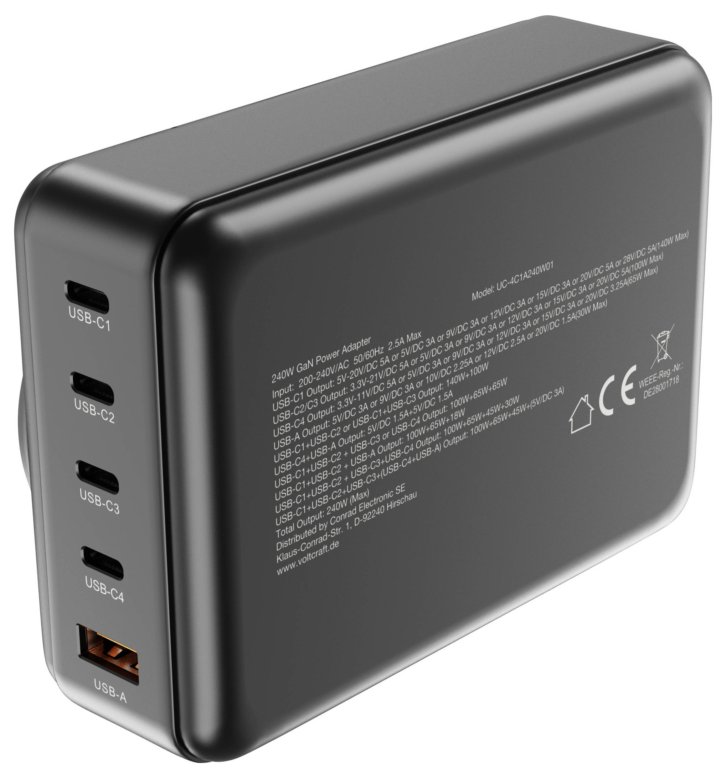 VOLTCRAFT UC-4C1A240W01 USB Ladegerät 240 W 4x USB-C®, 1x USB-A USB PD 3.0 Schwarz GaN, USB Power Delivery (USB-PD), Sch-6