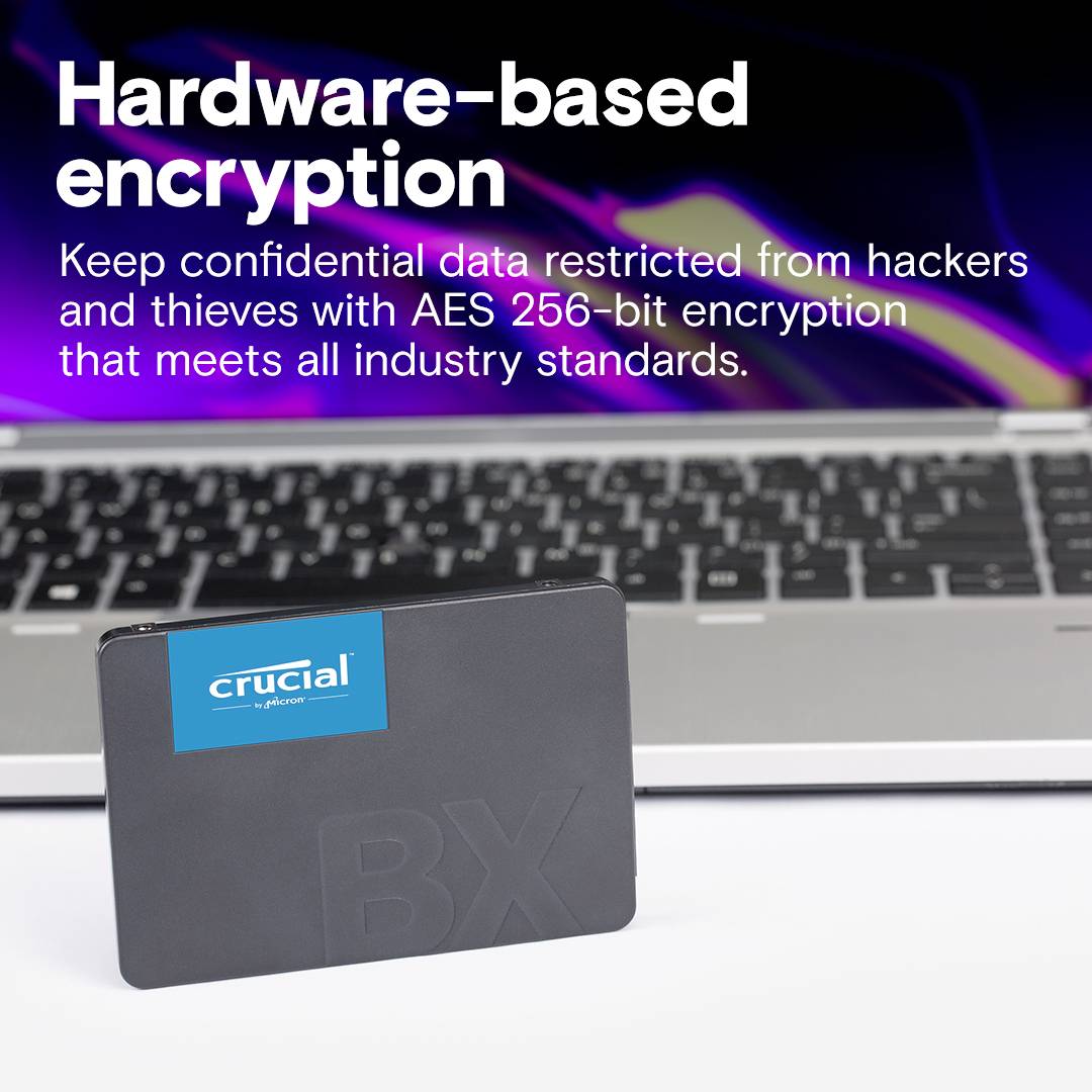 Festplatte vor Laptop, Text über hardwarebasierte Verschlüsselung mit AES 256-Bit genannt, schützt Daten vor Hackern, entspricht allen Industriestandards.