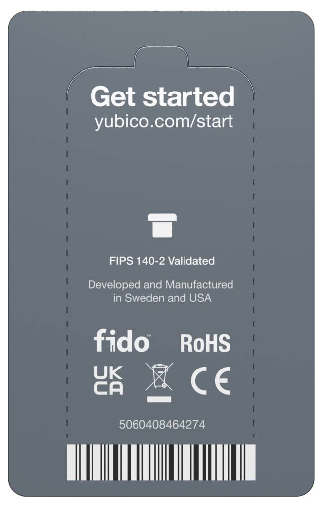 Die Rückseite eines YubiKey-Produkts mit Anweisungen: 'Get started yubico.com/start'. Zertifizierungen und Barcode sind sichtbar.
