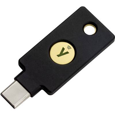 Ein schwarzer USB-C-Sicherheitsschlüssel mit einem gelben Kreis, der ein 'Y'-Logo enthält, dient zur Zwei-Faktor-Authentifizierung.