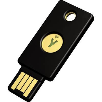 Ein schwarzer USB-Sicherheitsschlüssel mit einem goldenen Kontaktteil und einem kreisförmigen Symbol in der Mitte.