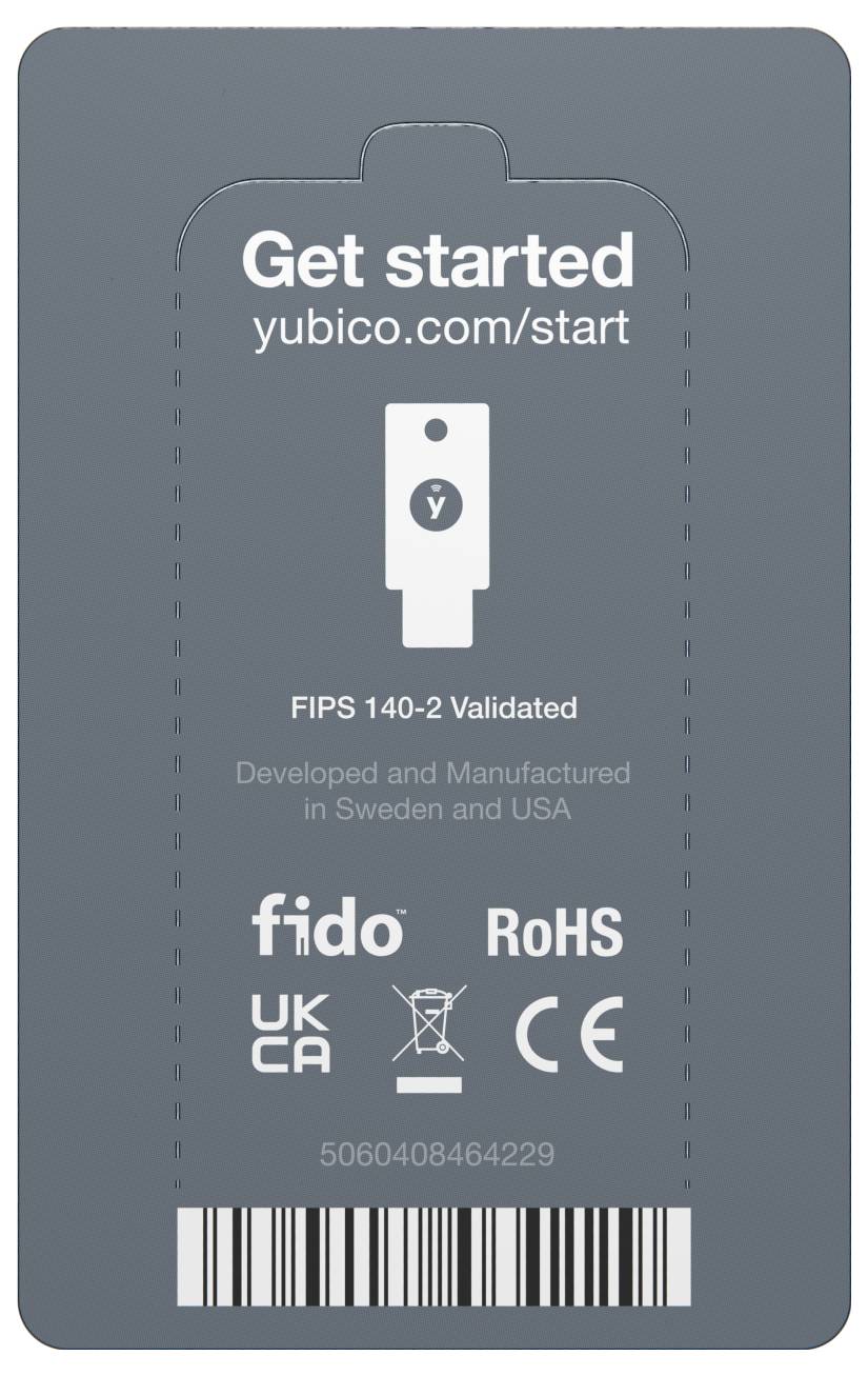 Kartenrückseite zeigt Anleitung: 'Get started yubico.com/start'. FIPS 140-2 validiert. Hergestellt in Schweden und USA. Logos: fido, UKCA, RoHS.
