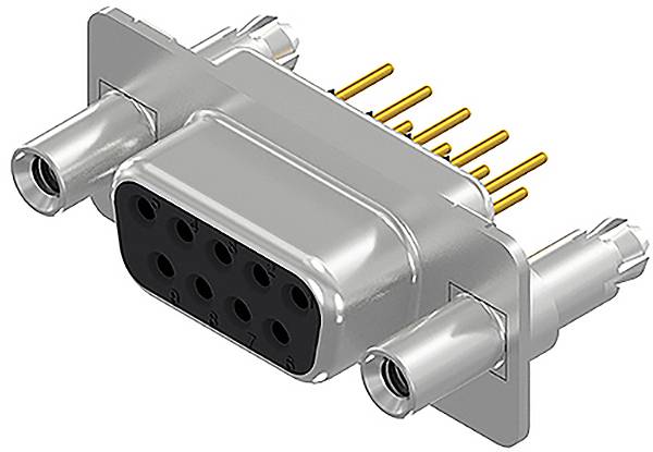 Ein silberner D-Sub-Stecker mit neun Pins und Schraubanschlüssen wird gezeigt. Dieses Bauteil wird häufig für elektronische Verbindungen verwendet.