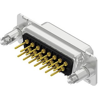 Metallener D-Sub-Steckverbinder mit 13 goldfarbenen Stiften, seitlichen Schraubanbindungen und schwarzem Kunststoffinnengehäuse.
