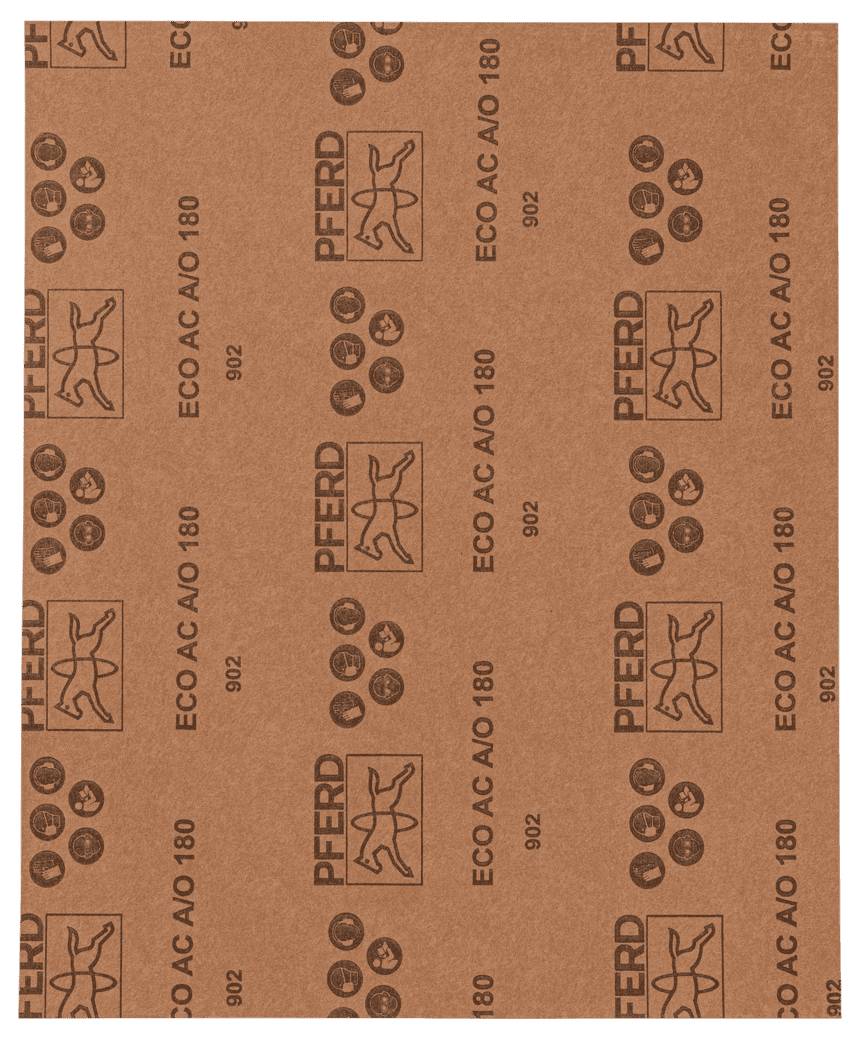 Ein braunes Schleifpapier mit schwarzem Aufdruck: 'PFERD', 'ECO AC AO 180'. Enthält Symbole und Wiederholung des Textes.