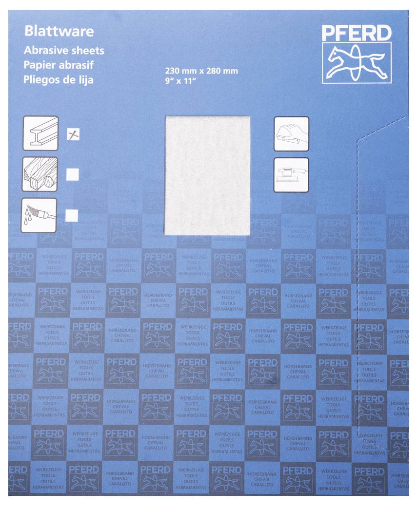 Eine blaue Verpackung für Schleifpapiere der Marke 'PFERD' mit der Größe 230 mm x 280 mm (9'' x 11'').