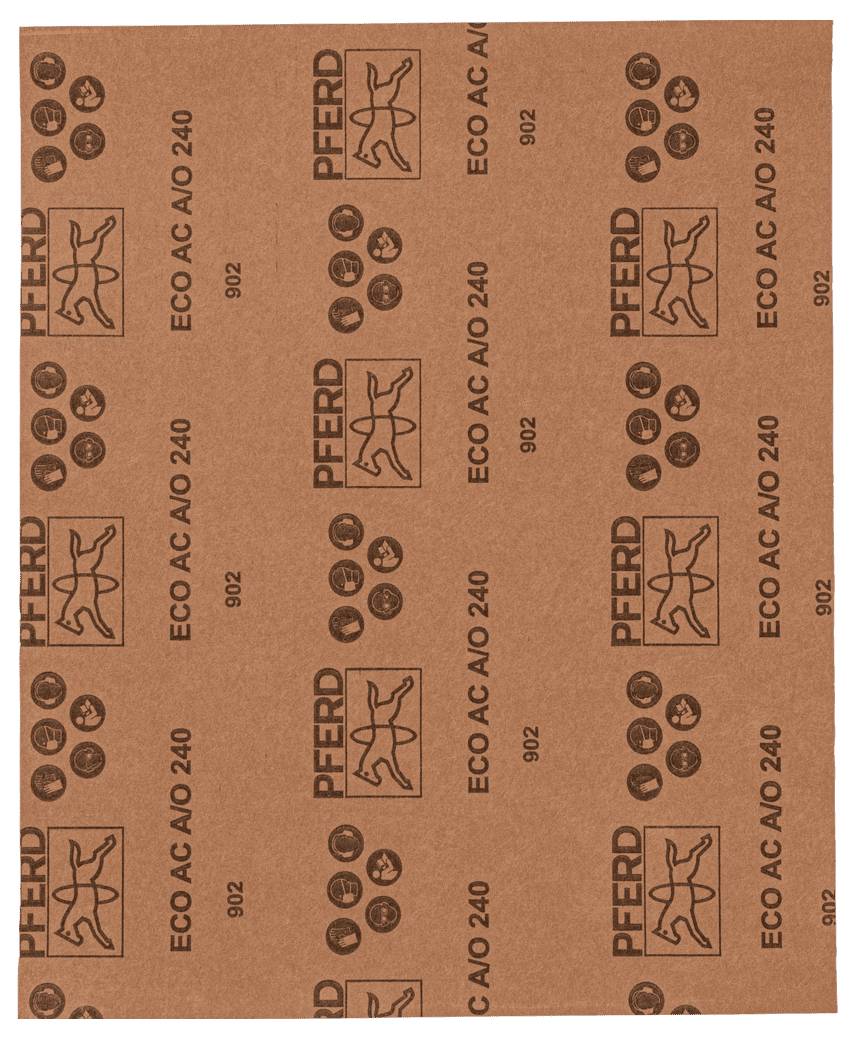 Ein Bogen Schleifpapier mit der Aufschrift 'Pferd' und der Körnung 240. Symbole für Schleifmittel und Qualitätsmerkmale sind gedruckt.