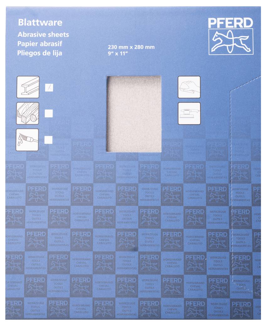 Kartonschachtel mit Pferd-Logo. Text: 'Blattware', 'Abrasive sheets' in mehreren Sprachen. Maße: 230 mm x 280 mm (9" x 11").