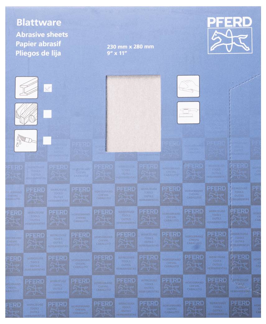 'PFERD Blattware, abrasive sheets, 230 mm x 280 mm, 9" x 11". Verpackung mit Illustrationen zur Anwendung von Schleifpapier.'