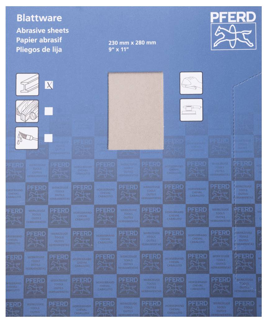 'PFERD' Verpackung für Schleifpapier mit den Maßen 230 mm x 280 mm (9" x 11") in Blau, illustriertes Logo oben rechts.