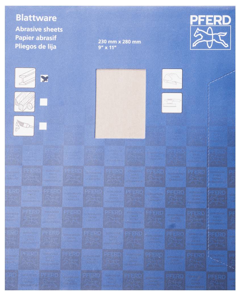 Blattware-Verpackung von PFERD mit blauem Design, Detailabbildungen der Verwendungsmöglichkeiten und den Maßen 230 x 280 mm.